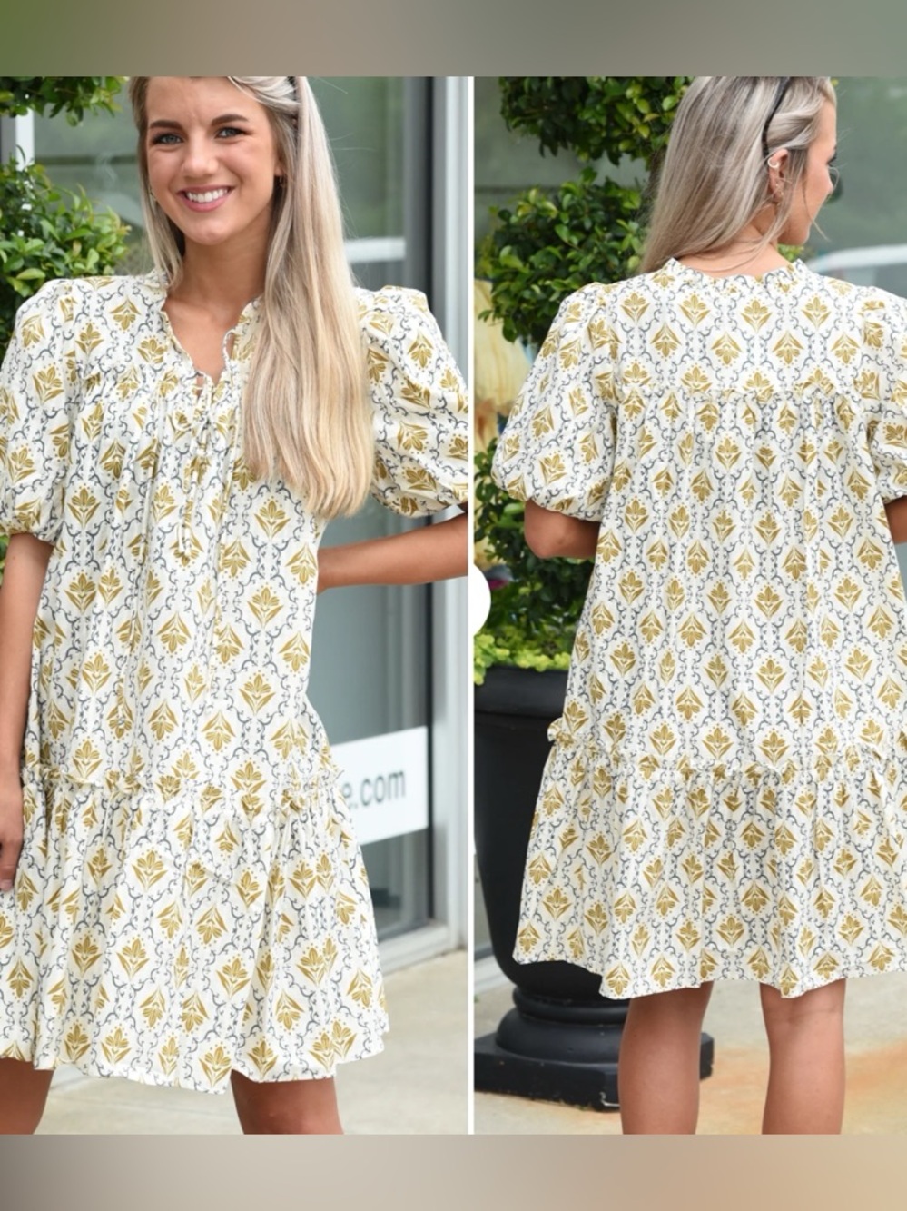 Moon River Babydoll Dress Mustard Ivory Printed Size M